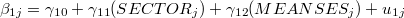 $\displaystyle \beta _{1j} = \gamma _{10} + \gamma _{11} (SECTOR_ j) + \gamma _{12} (MEANSES_ j) + u_{1j} \label{eq.level2-2}  $