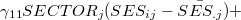 $\displaystyle  \gamma _{11} SECTOR_ j (SES_{ij} - \bar{SES_{.j}}) + \notag  $